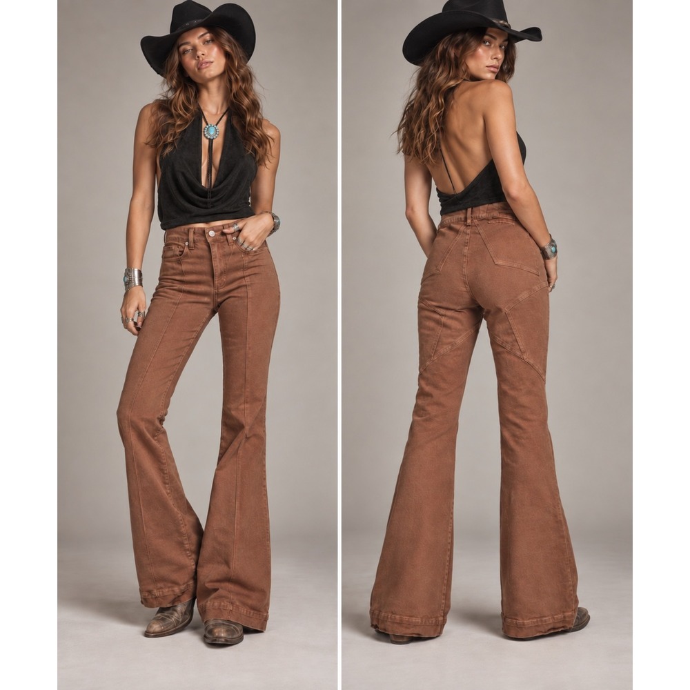 Revice Flare Denim Jeans Womens Tall 23x34 Brown High Rise Star western   Chic
